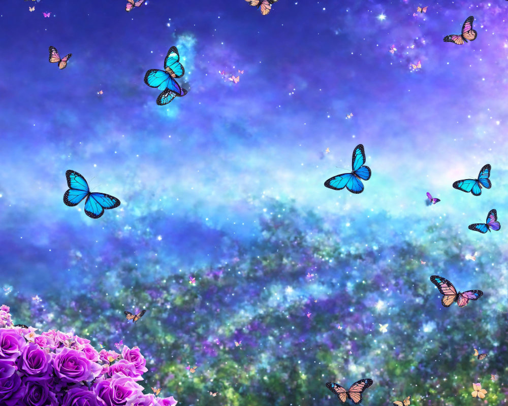 Colorful butterflies and stars in cosmic sky with purple roses.