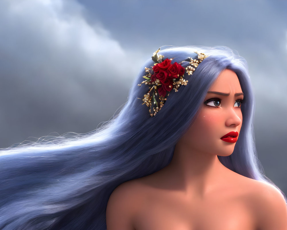 3D Rendered Woman with Blue Hair and Red Floral Headpiece Against Cloudy Sky