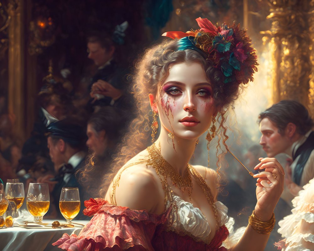 Elegant woman with ornate hairstyle and vintage dress in sumptuously decorated room.