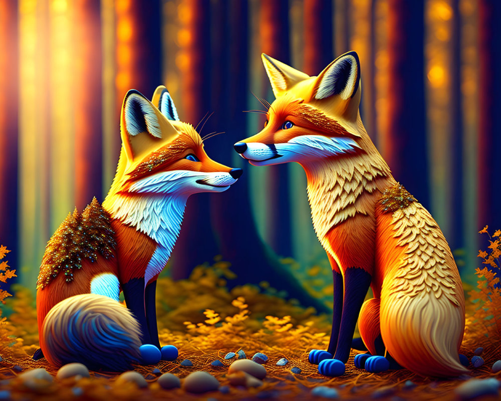 Stylized foxes in vibrant forest with sunlight.