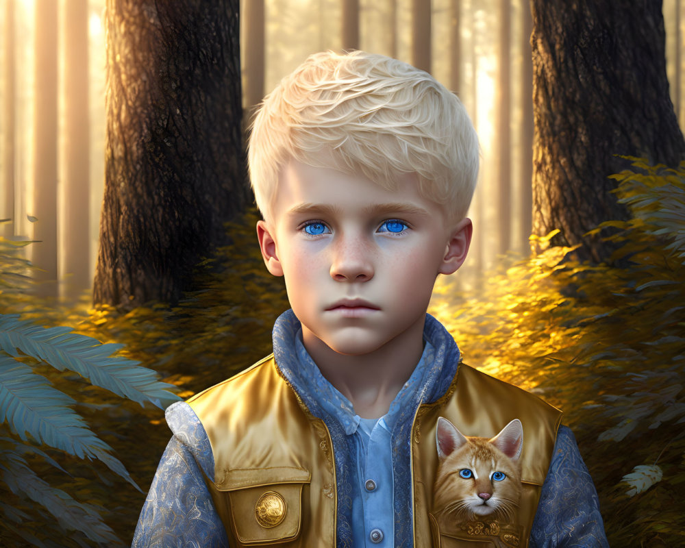 Blond-Haired Boy with Blue Eyes and Cat in Pocket in Sunlit Forest