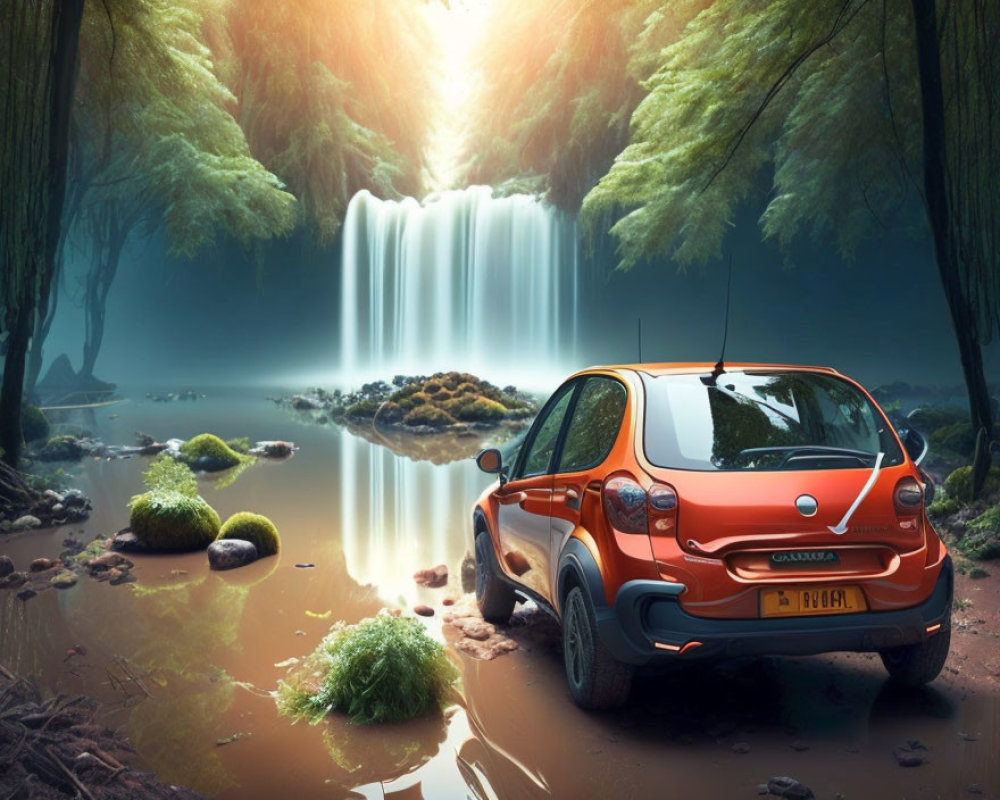 Orange Car Parked by Forest Waterfall with Sunbeams and Pond