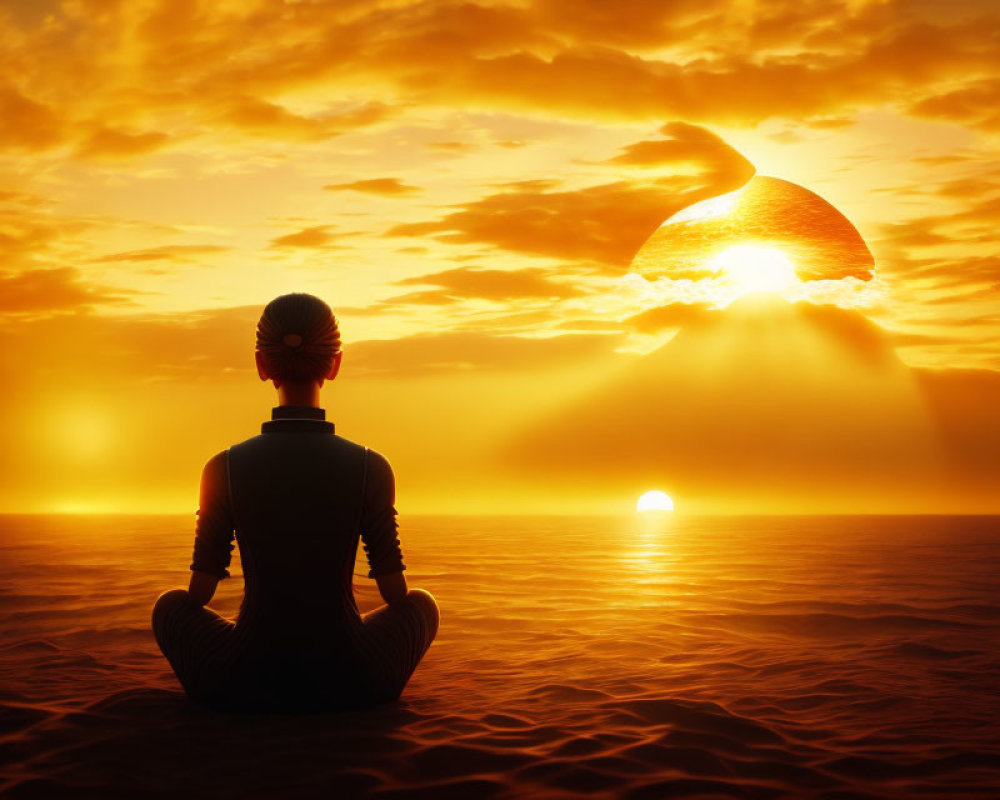 Meditative Figure on Water at Vibrant Sunset