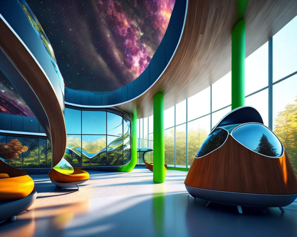 Panoramic futuristic interior with cosmic view and modern pod-like furniture