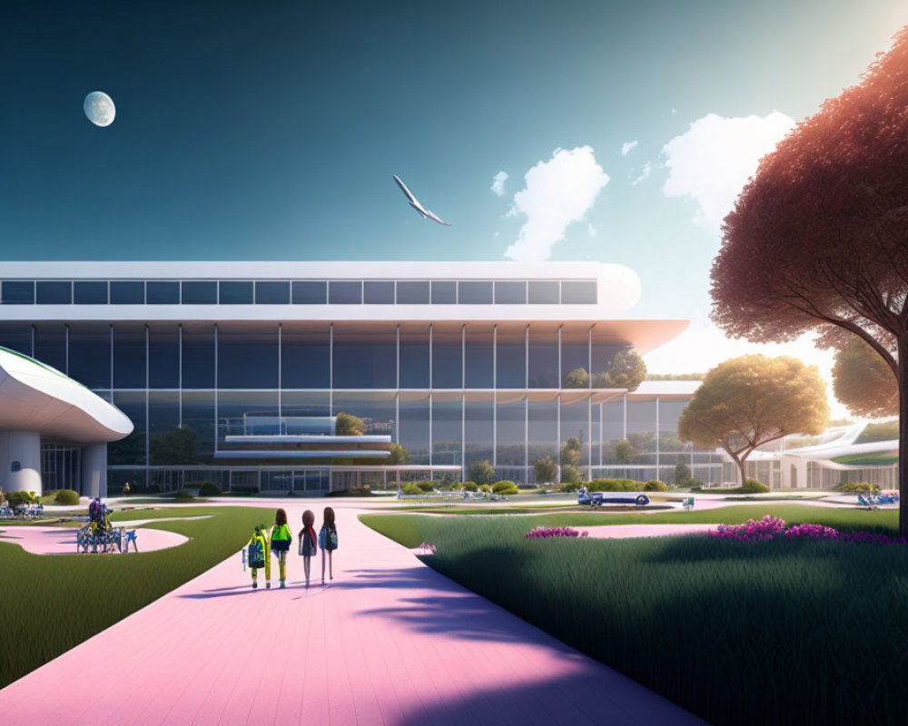 Sleek, curved modern building in landscaped gardens with people on pink pathway