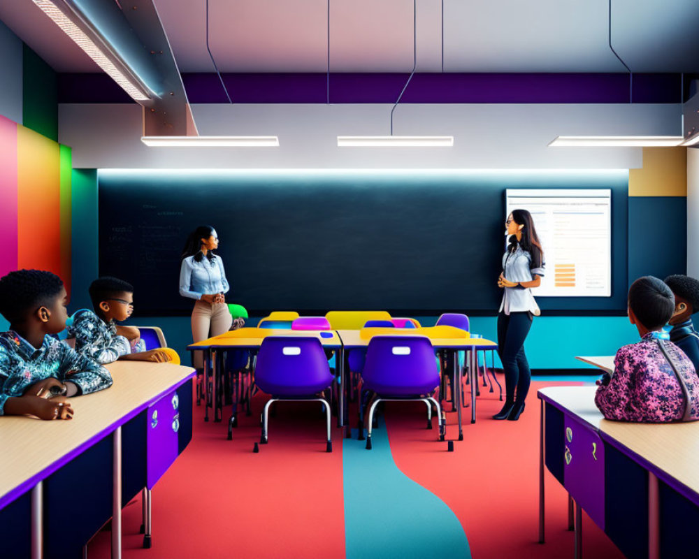Colorful Classroom with Teacher and Students at Desks