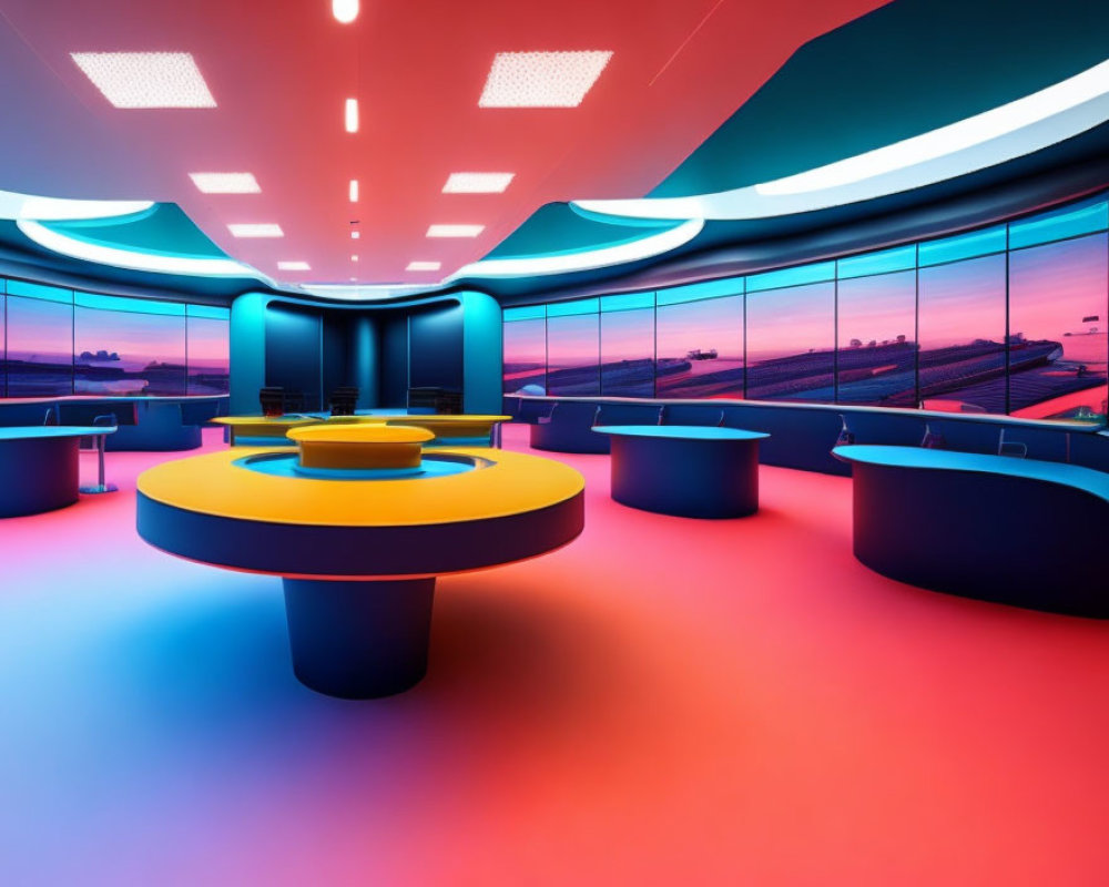 Futuristic control room with neon lighting and panoramic sunset screens