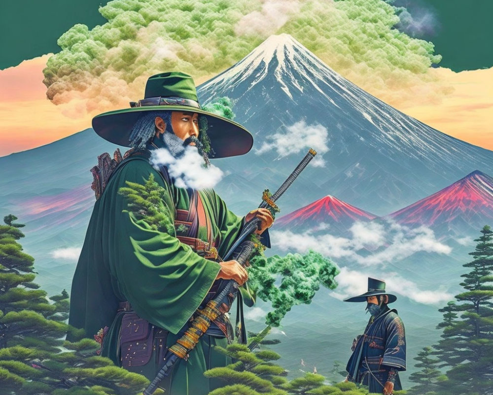 Two samurai with a musket near Mount Fuji in a forest.