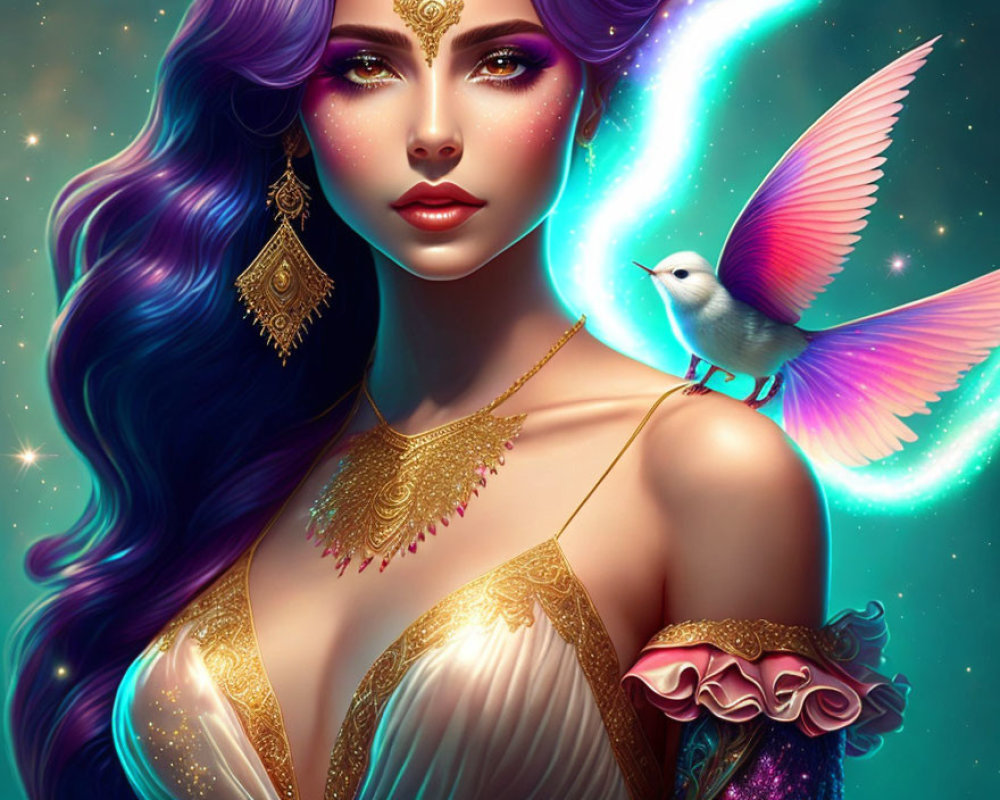 Digital illustration of woman with purple hair, gold jewelry, bird with colorful wings, starry backdrop
