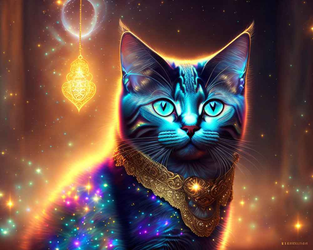 Blue cat digital art with cosmic backdrop and golden ornament