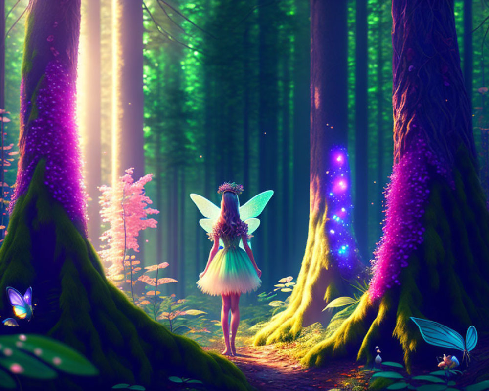 Enchanting fairy in lush forest with glowing trees