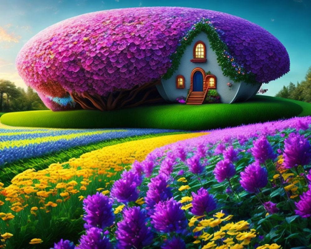 Colorful House with Pink Tree Canopy and Flower Fields