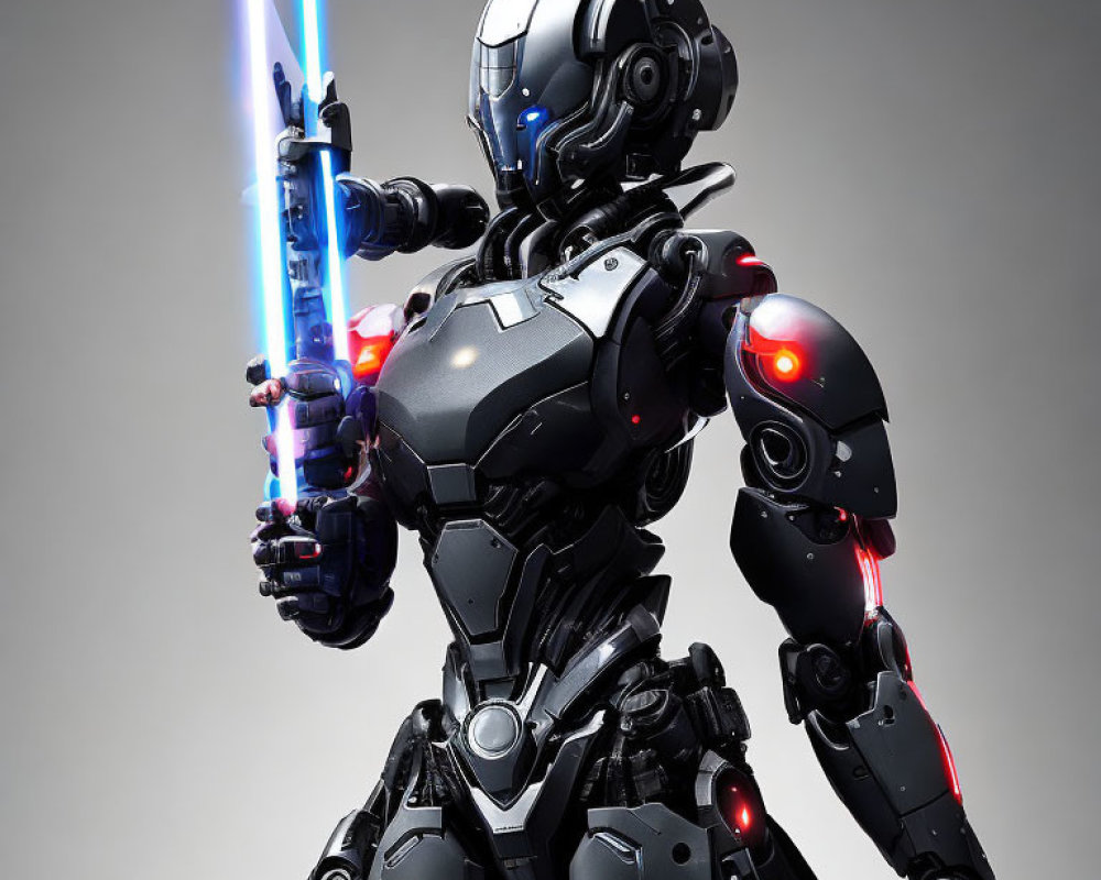 Detailed Black Robot with Blue Glowing Elements and Illuminated Sword