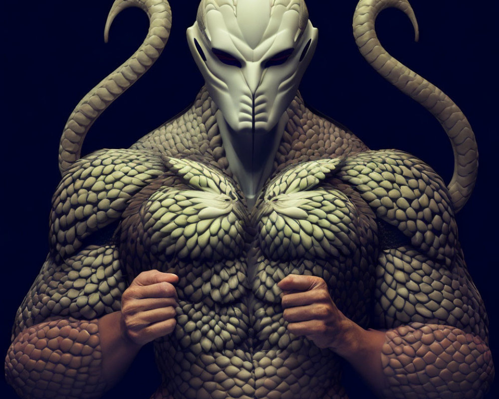 Serpent-like character digital artwork with muscular body and snake heads on shoulders