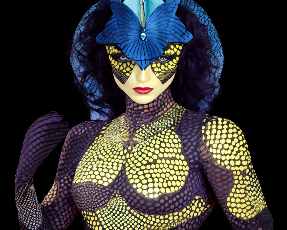 Stylized woman in blue butterfly costume with honeycomb bodysuit
