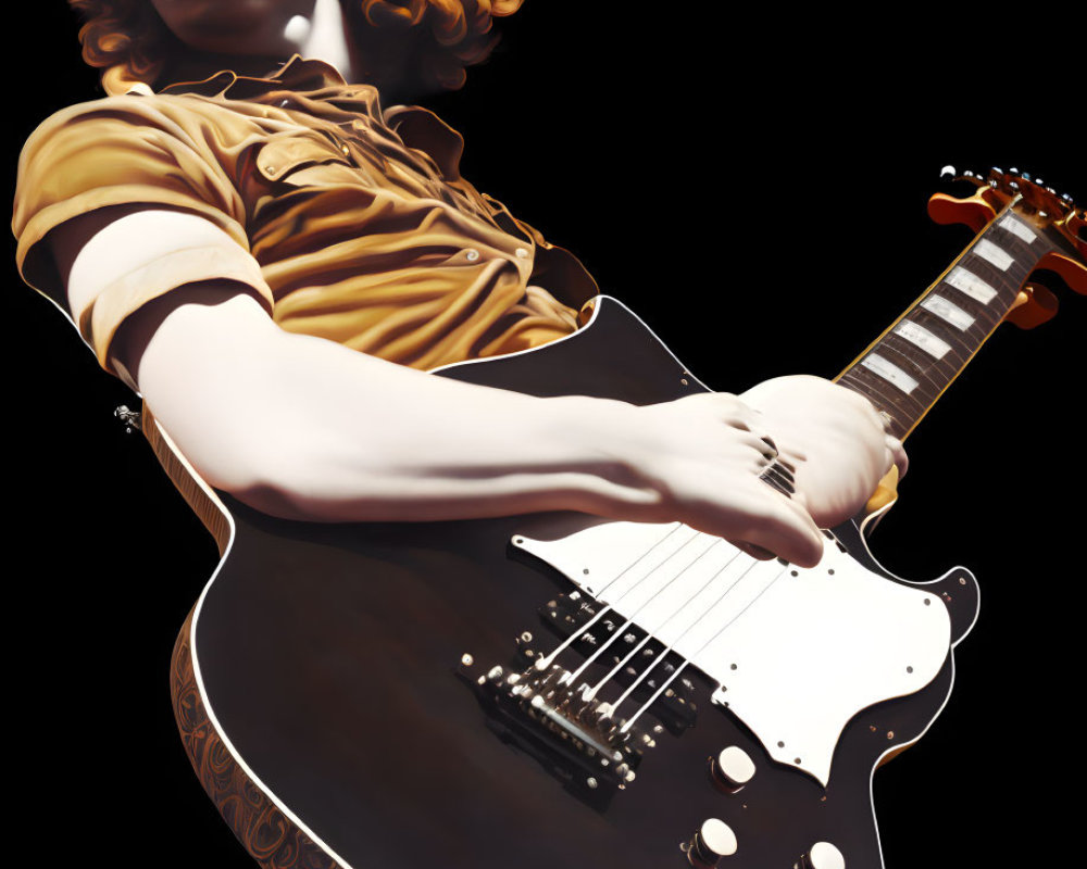 Curly-Haired Person Plays Electric Guitar in Mustard Shirt