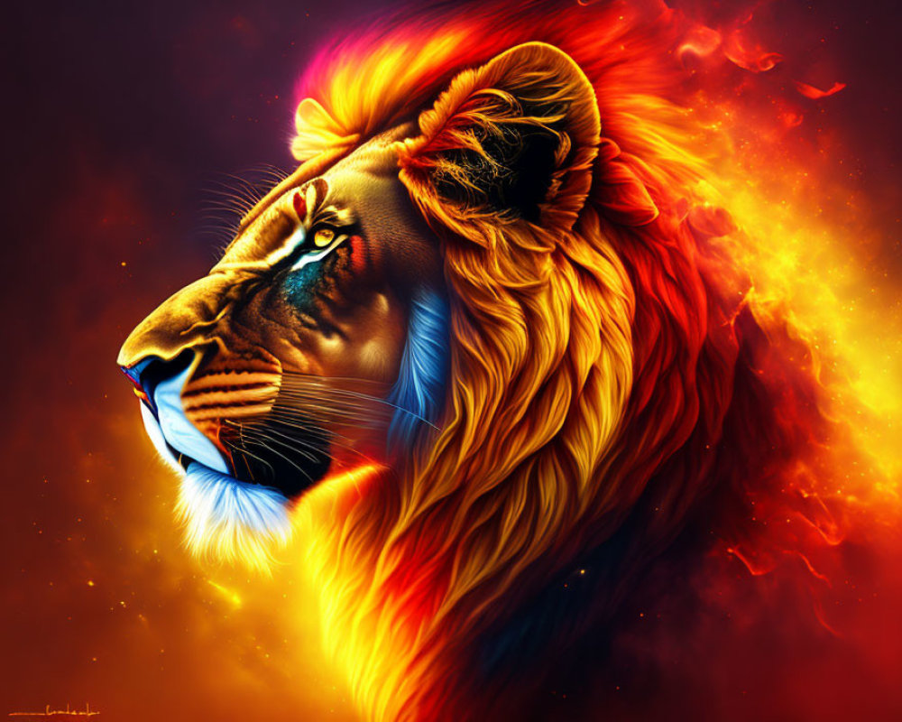 Digital artwork: Lion with fiery mane on red-orange background