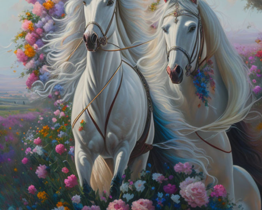 Two White Horses in Vibrant Flower Field