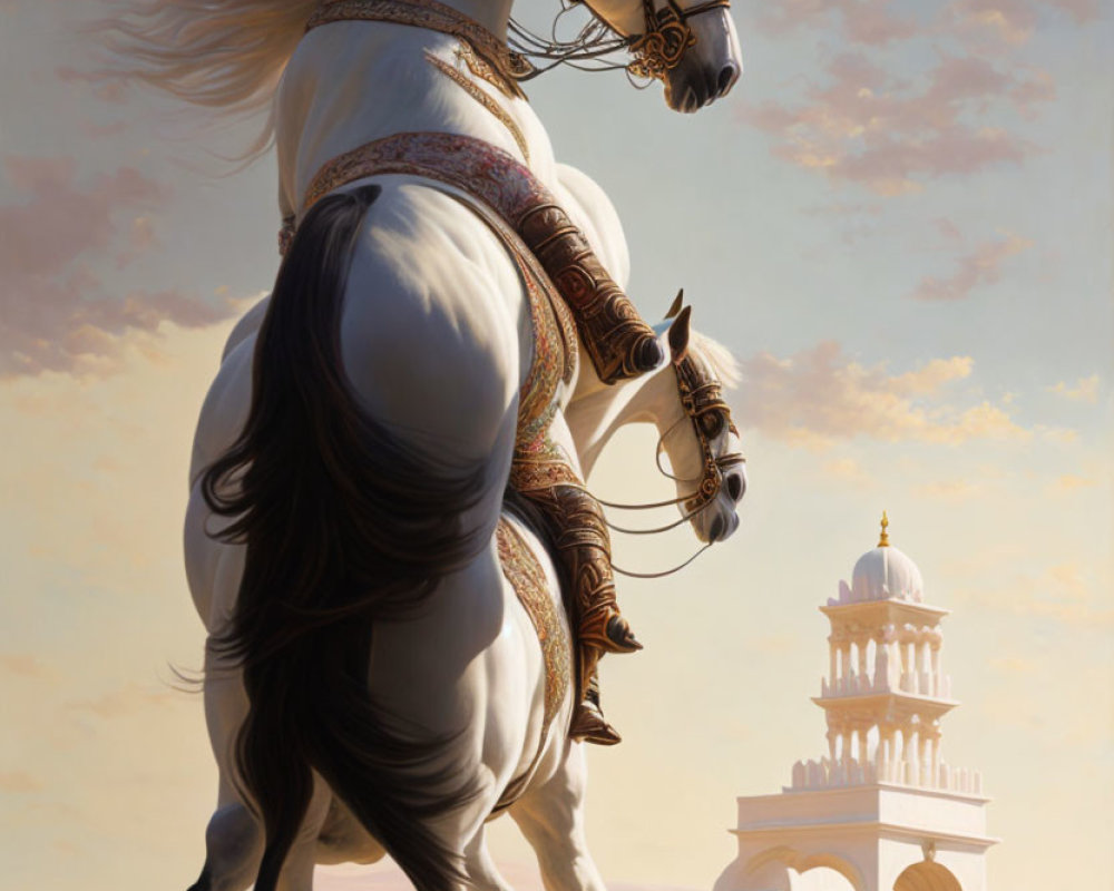 White Horse Galloping in Front of Elegant Building and Colorful Field