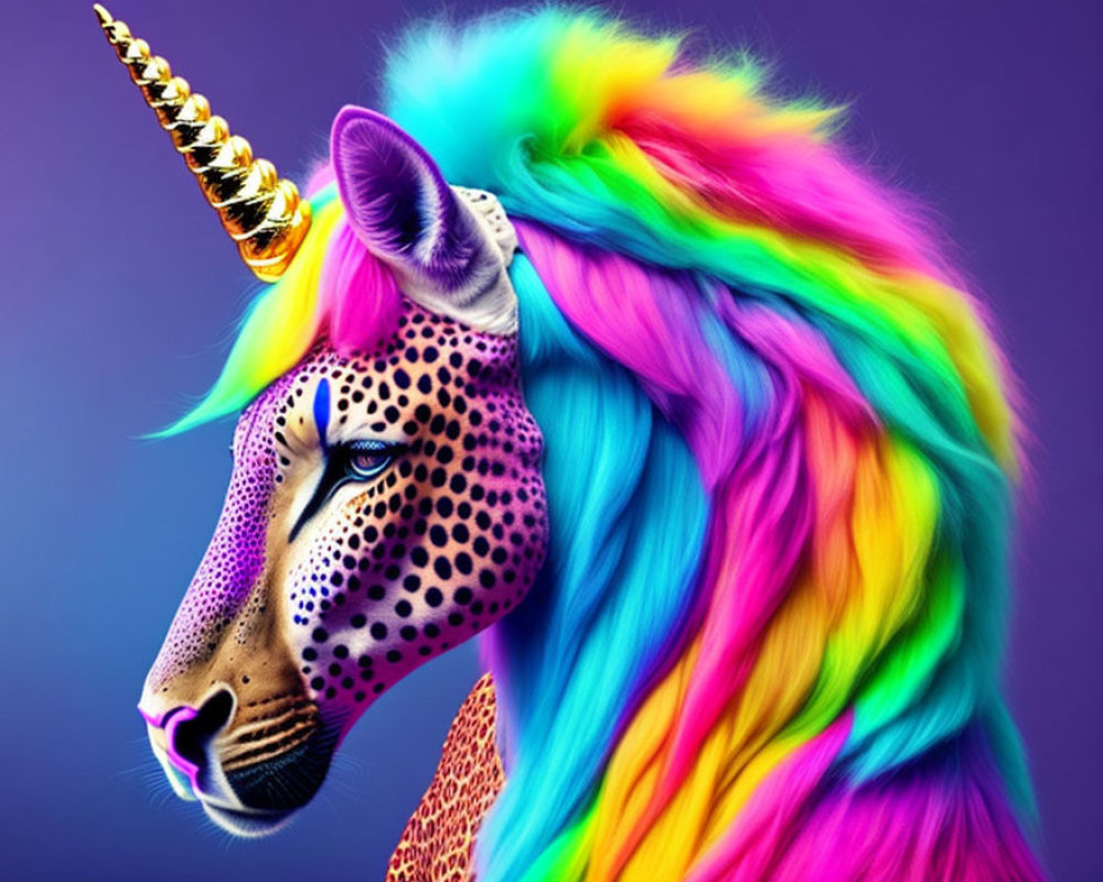 Colorful Unicorn with Leopard Face & Golden Horn on Purple Background