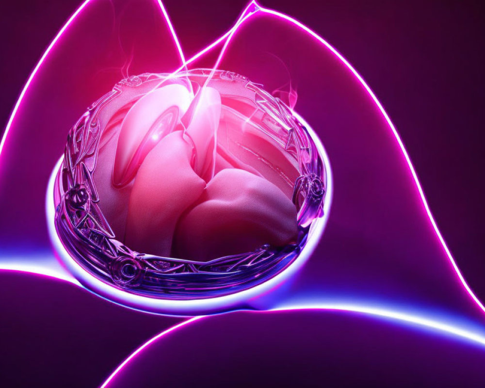 Abstract 3D art: Glowing heart in ornate sphere with neon lights