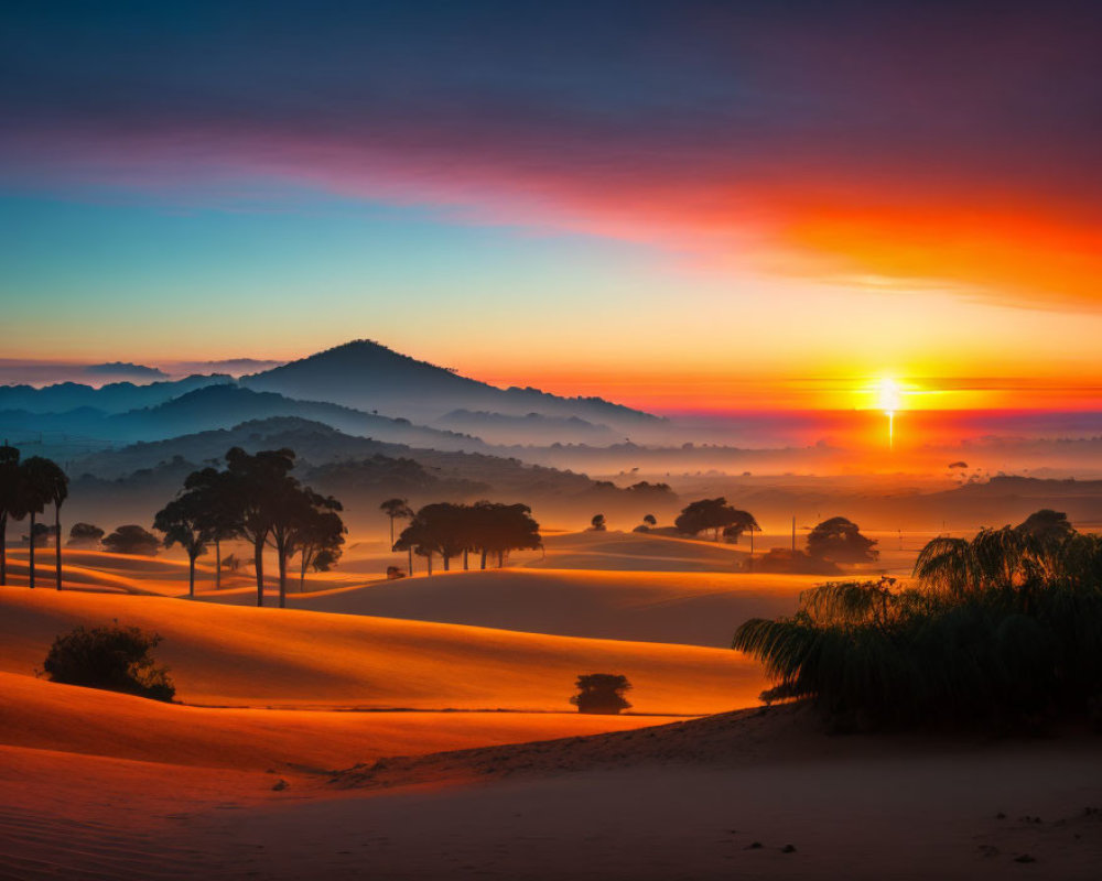 Colorful Desert Sunset with Sand Dunes and Mountains