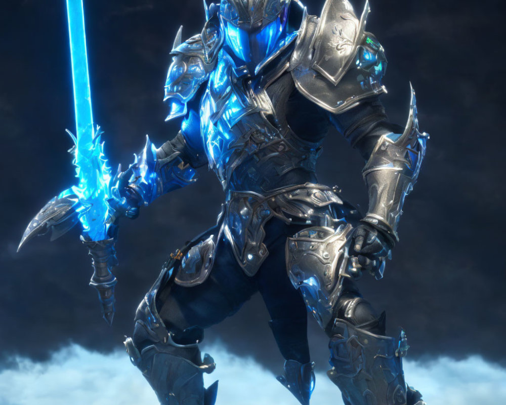 Knight in Glowing Blue Armor with Energy Sword on Dark Background