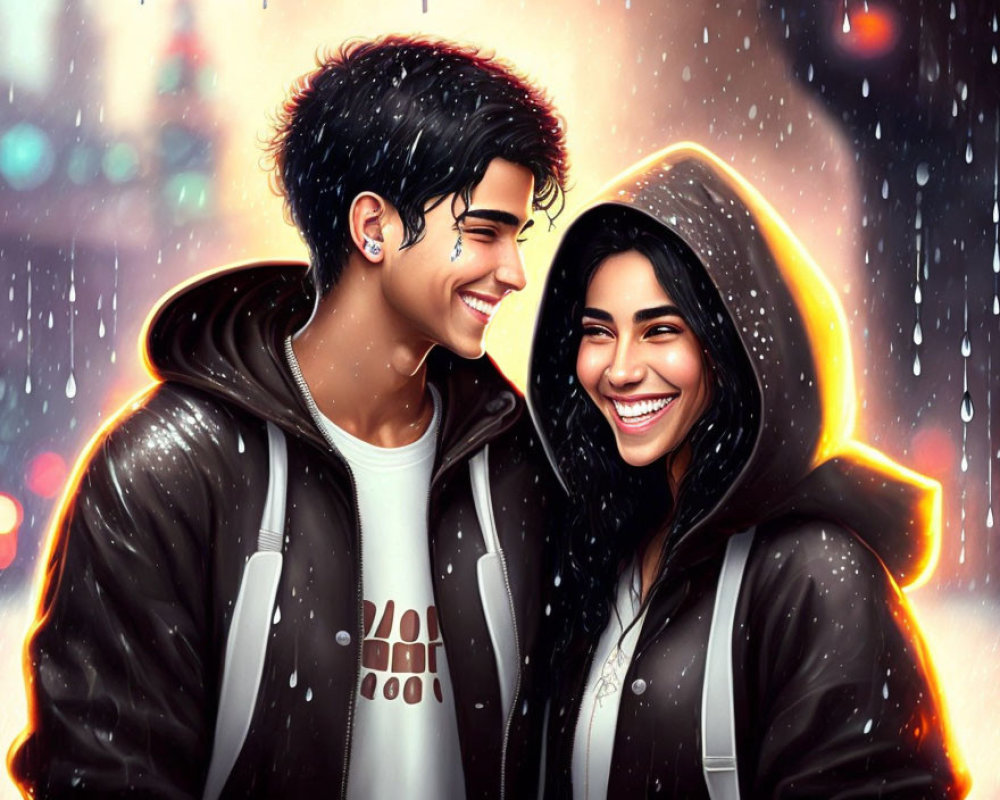Animated characters smiling in rain-soaked city street scene