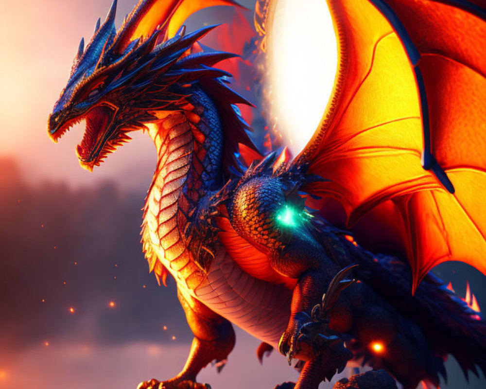 Blue Dragon with Glowing Eyes and Red Wings on Rocky Outcrop