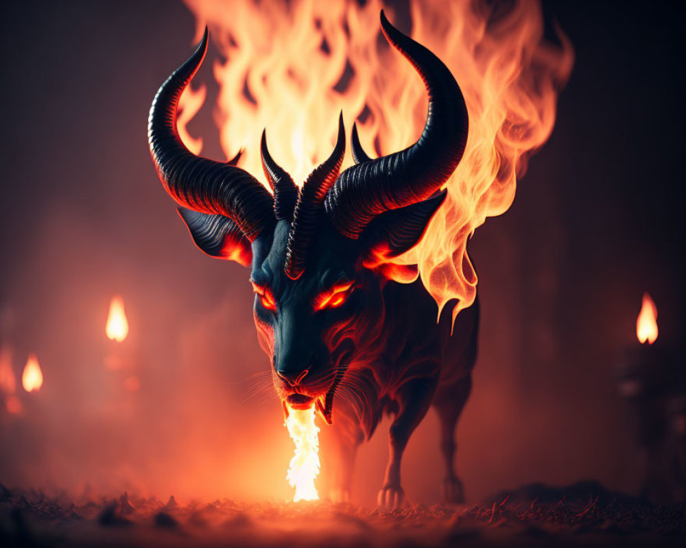 Fiery-eyed bull exhales flames in dimly lit scene