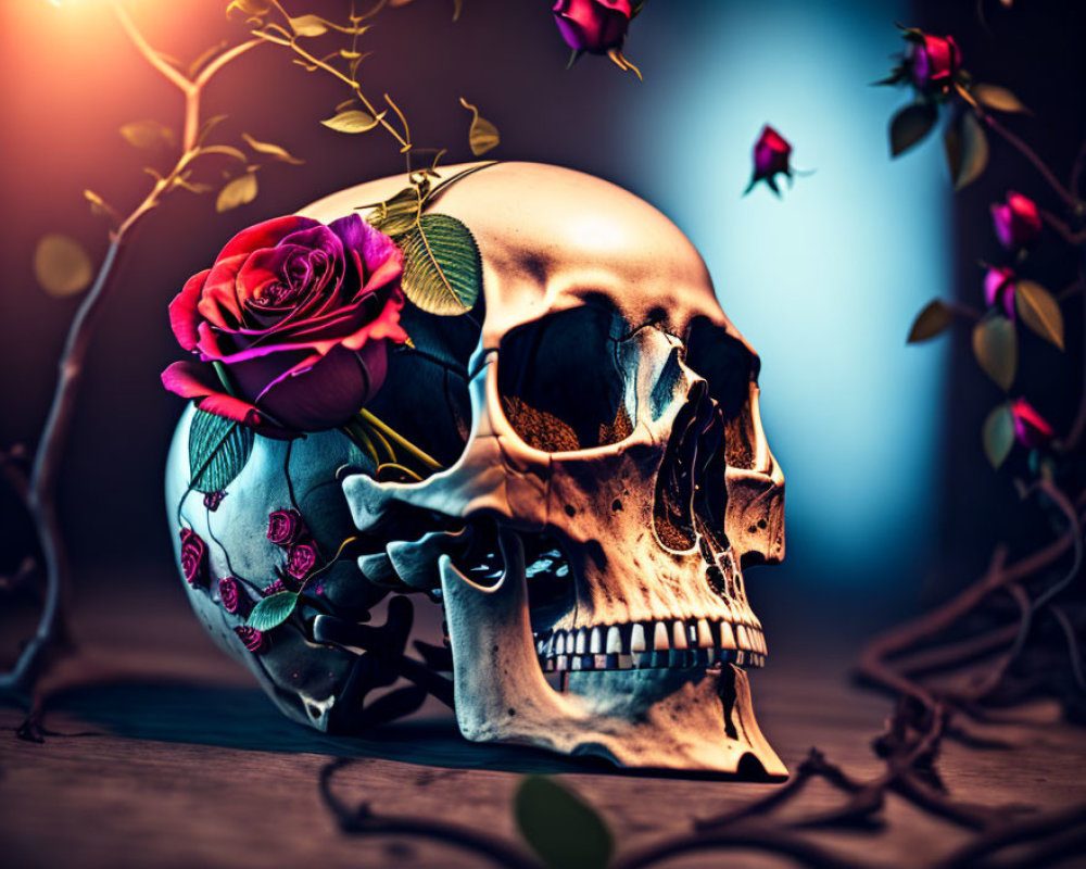 Skull with rose and thorny vines on dark blue background