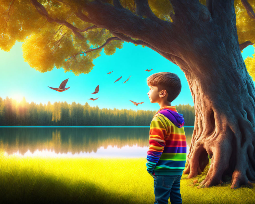 Boy in Colorful Striped Shirt Observing Birds at Serene Lake