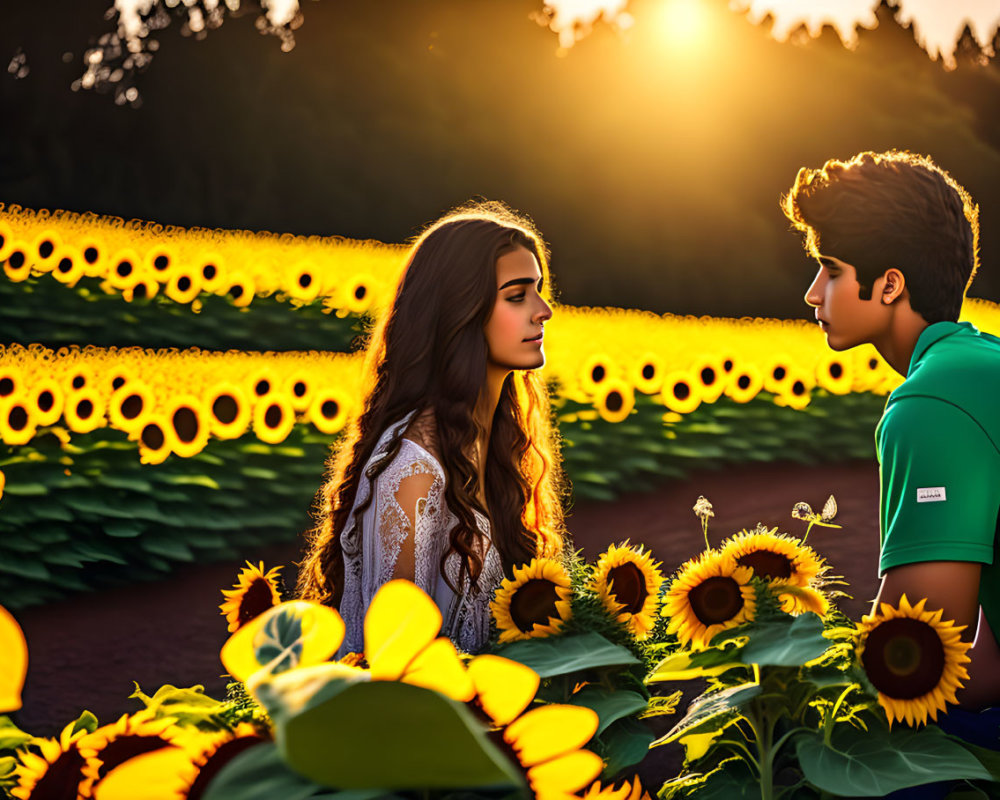 Sunset scene with two people in sunflower field