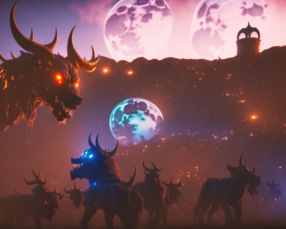 Fantastical horned creatures under multiple moons and stars