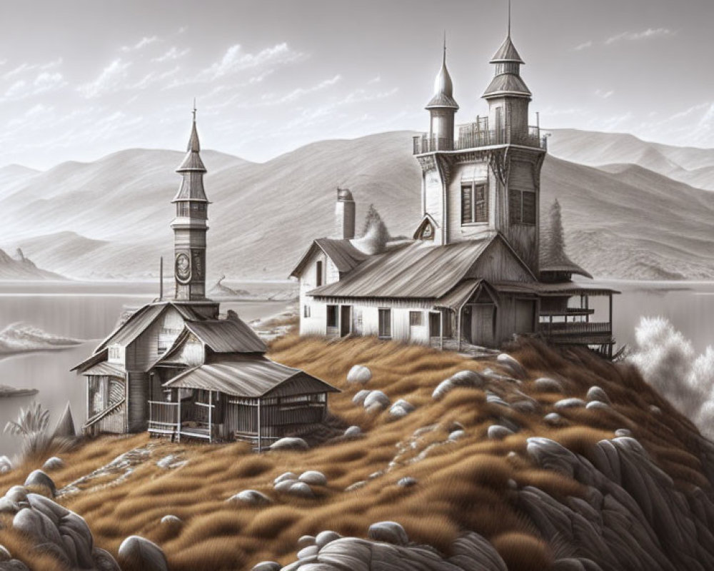 Monochrome illustration: Quaint village, church, buildings on hilly terrain near tranquil lake.