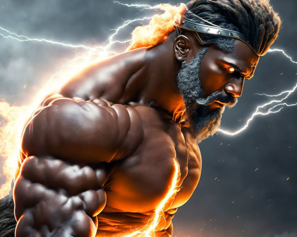 Bearded character in dramatic pose with lightning background