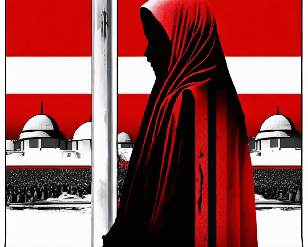 Person in red hijab against stylized flag and crowd backdrop
