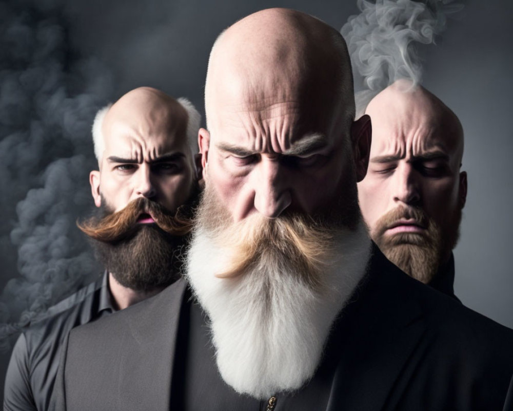 Three Bald Men with Unique Facial Hair in Intense Expressions