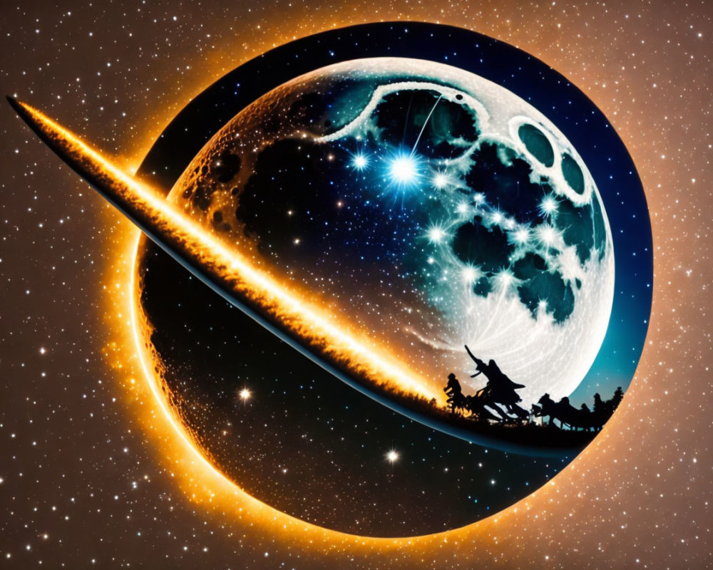 Silhouette of witch on broomstick under crescent moon in starry sky