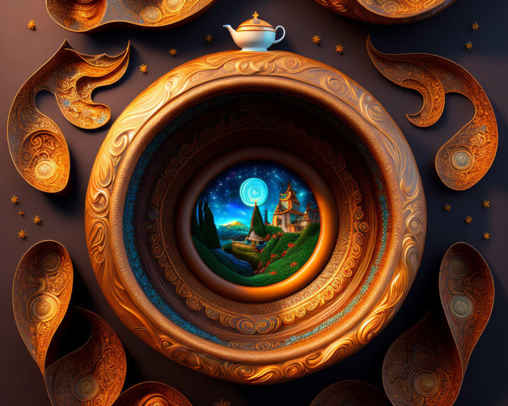 Ornate circular patterns in surreal landscape with house, trees, moon, and teapot