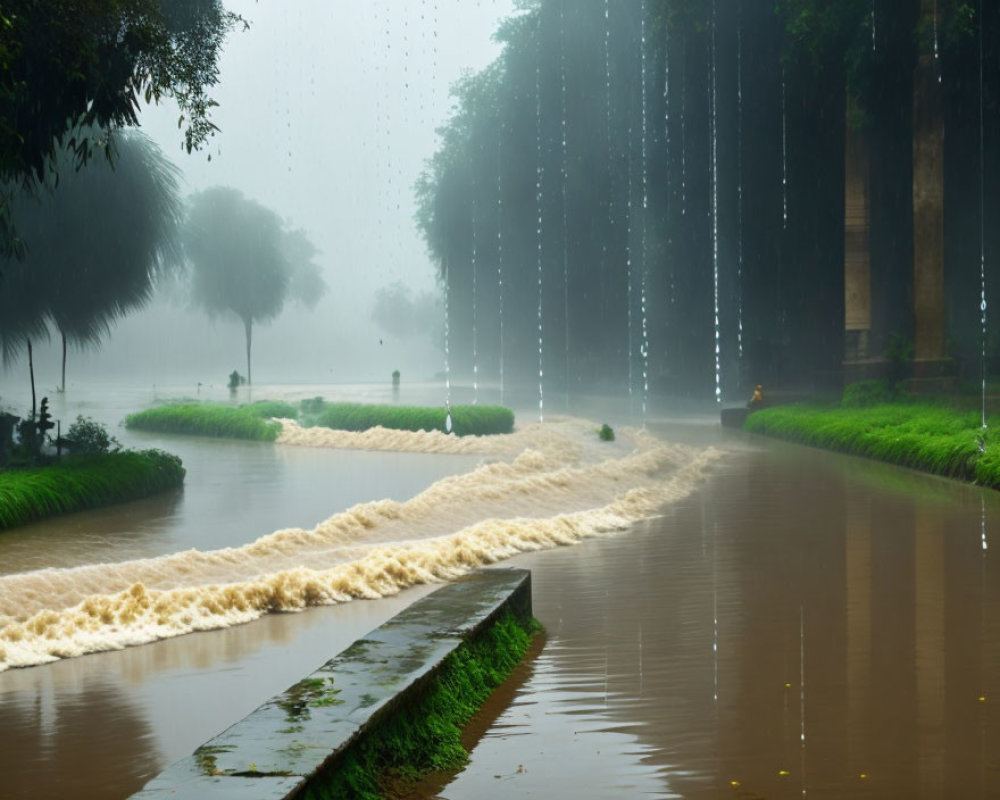 Rainy landscape with overflowing water and lush greenery
