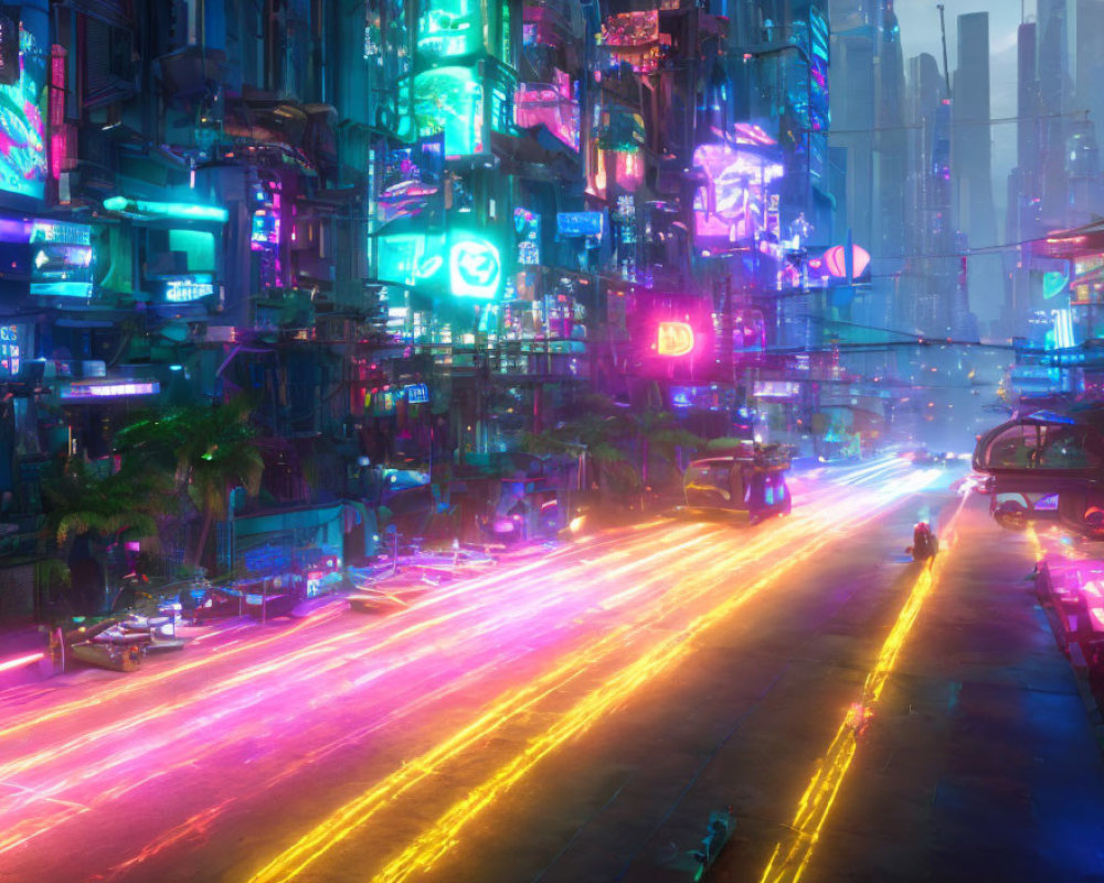 Vibrant neon-lit futuristic cityscape at night