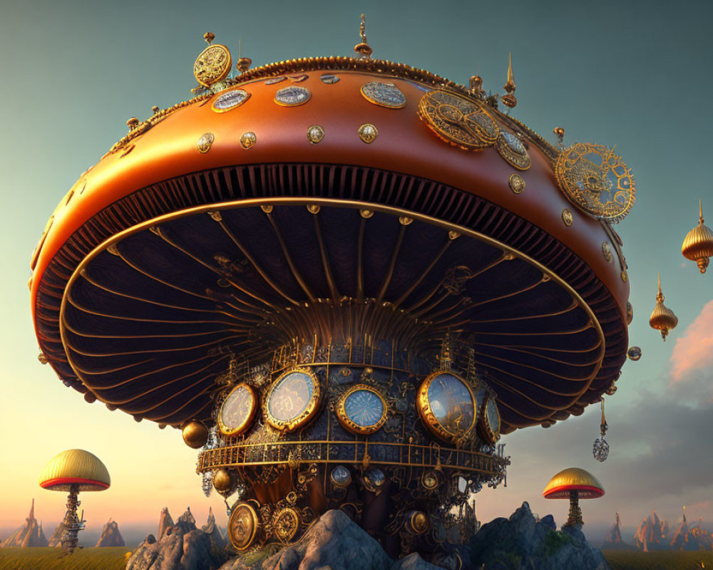 Steampunk-style airship with mushroom design and golden gears in dusk-lit sky