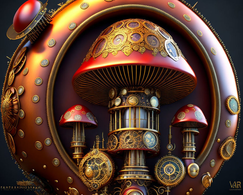 Steampunk-inspired metallic mushroom with gears and ornate designs on dark background