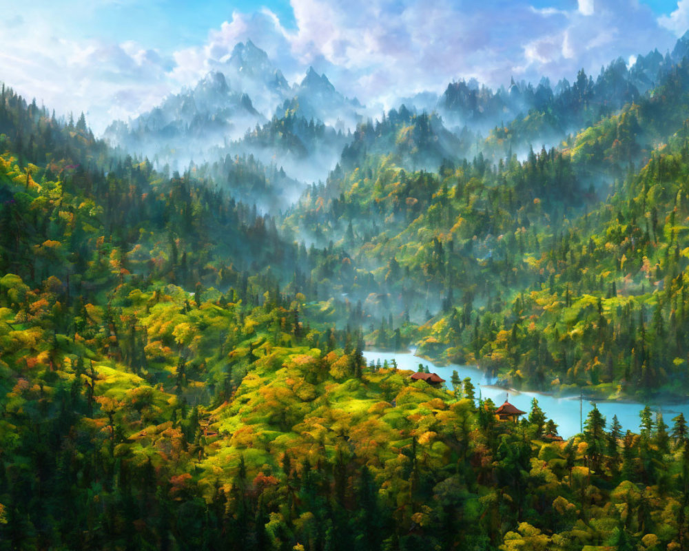 Scenic landscape with greenery, mountains, mist, and lake settlement