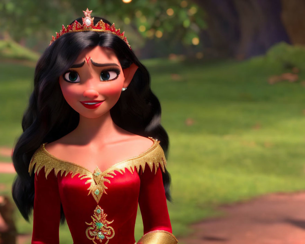 3D animated character in red dress with tiara and large eyes smiling outdoors
