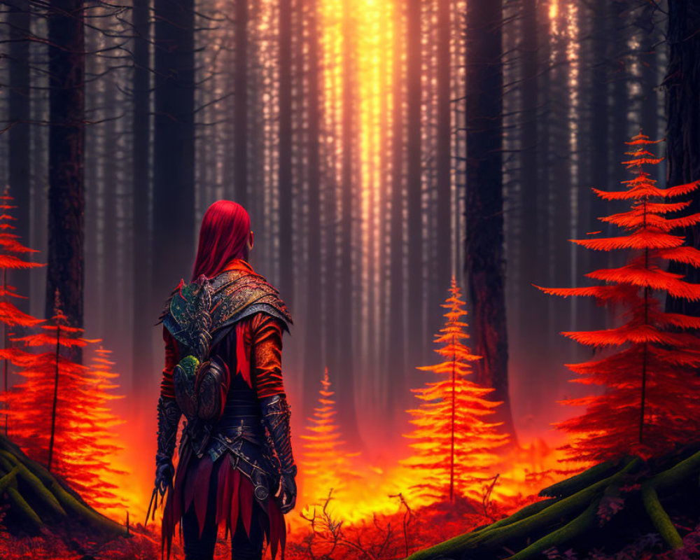 Red-haired warrior in detailed armor in mystical forest with fiery-orange foliage and beams of light.