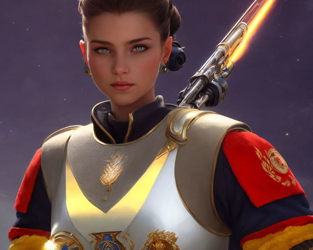 Female warrior digital art: futuristic lance, ornate armor, golden accents, starry sky.