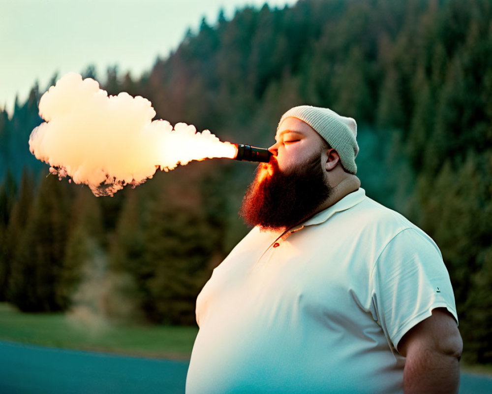 Bearded man exhales vapor in forested hills