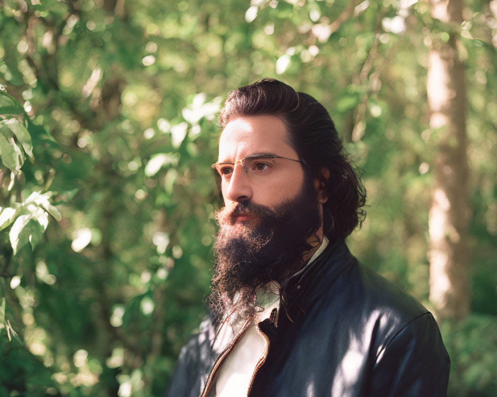 Bearded man in glasses and leather jacket in sunlit forest